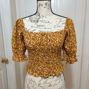 Forever 21 Mustard Floral Smocked Blouse